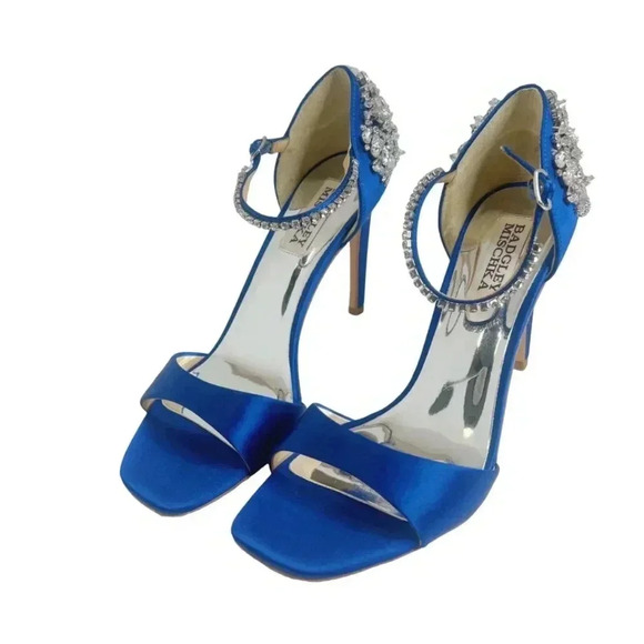 NWOT Badgley Mischka Blue Satin Crystal Encrusted Stilettos Square Toe Size 6.5 - Picture 2 of 11